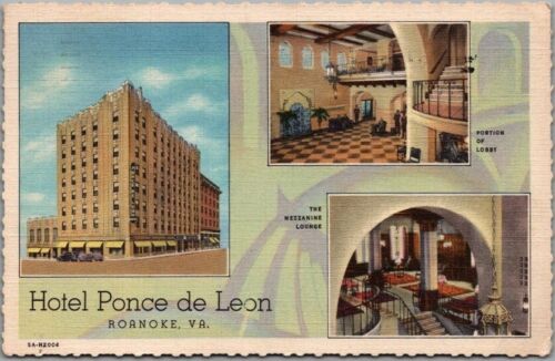 Postal Roanoke, Virginia HOTEL PONCE DE LEÓN Curteich lino cubierto/1936 - Imagen 1 de 2