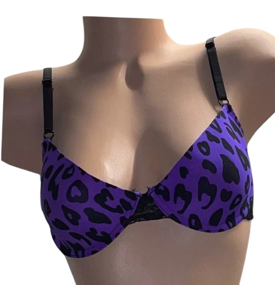 Sujetador Fruit of The Loom púrpura y negro con ribete de encaje de guepardo para mujer 36C Nuevo de Lote Antiguo Foto 2 de 4
