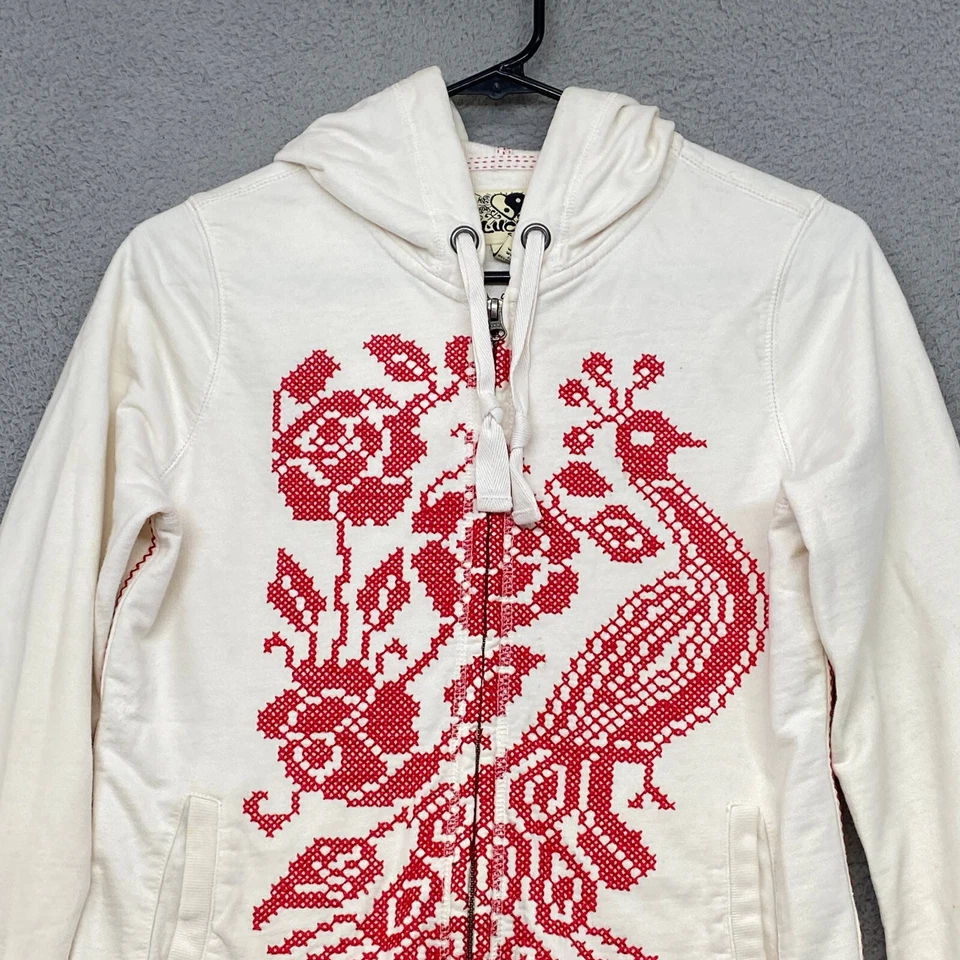 Vintage Lucky Brand Hoodie Womens Small Zip Up Peacock Cross Stitch Rose Sweater - Image 2 of 4