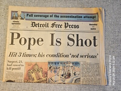 1981 Detroit Free Press Newspaper POPE JOHN PAUL II SHOT at Vatican