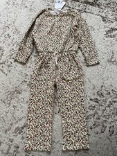 NEW ZARA GIRLS WAFFLE KNIT FLORAL JUMPSUIT OVERALLS ecru multi color 4-5 Years