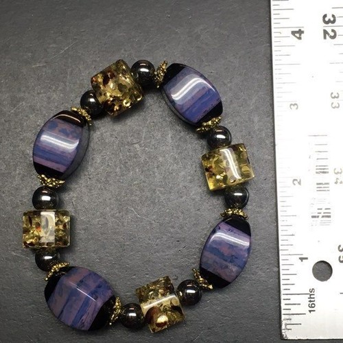 Purple Amber Gold Bracelet Marbled Yellow Stretch Organic Cylinder Retro BoHo - Picture 6 of 6