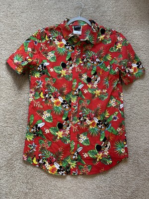 Disney Hawaiian Shirt Red Mickey Mouse Pineapple Palms Floral Surf Men s
