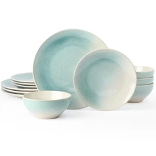 Glacier Stoneware Dinnerware Sets, Plates and Bowls Sets, 12 Pieces Kitchen D...