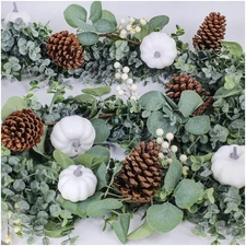 Fall White Pumpkin Artificial Eucalyptus Garland with Pumpkins Pinecones Berr...