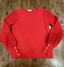 Nanette Lepore Sweater Womens L Red Sparkle Pleated Puff Sleeve Holiday Twee