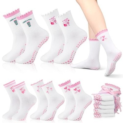 5 Pairs Cute Pilates Socks with Grip for Women Cotton Non Skid Pink Bow
