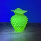 Vintage Fenton Uranium Glass Topaz Opalescent Hobnail Vase 5" Tall 4” Wide