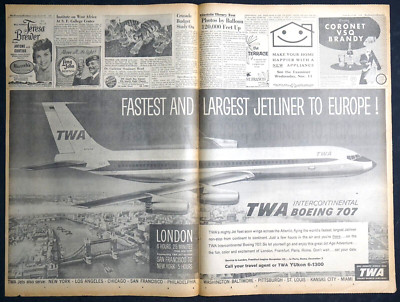 Large 1959 Two Page TWA Newspaper Ad - Fastest & Largest Jetliner To Europe