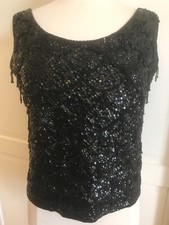 Vintage Black Iridescent Fringed Sequin Tassels Beaded Wool Glam Top hong kong L
