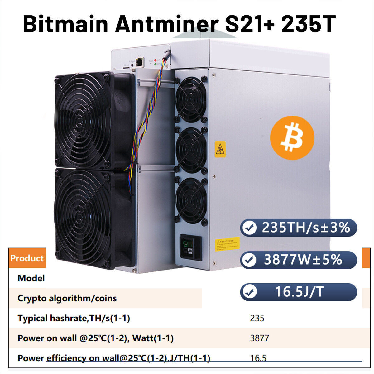 Antminer S21+ BTC Miner 235T 3877W ASIC Miner Algorithm SHA-256