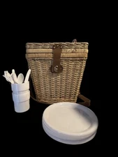 Wicker Picnic Basket Bag Woven Leather Shoulder Strap Metal Accents Accessories