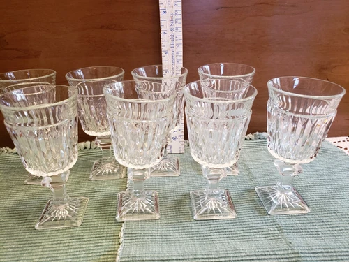 Vintage Mount Vernon Indiana Clear Glass Goblet Square Base SET of 8 Mid Century