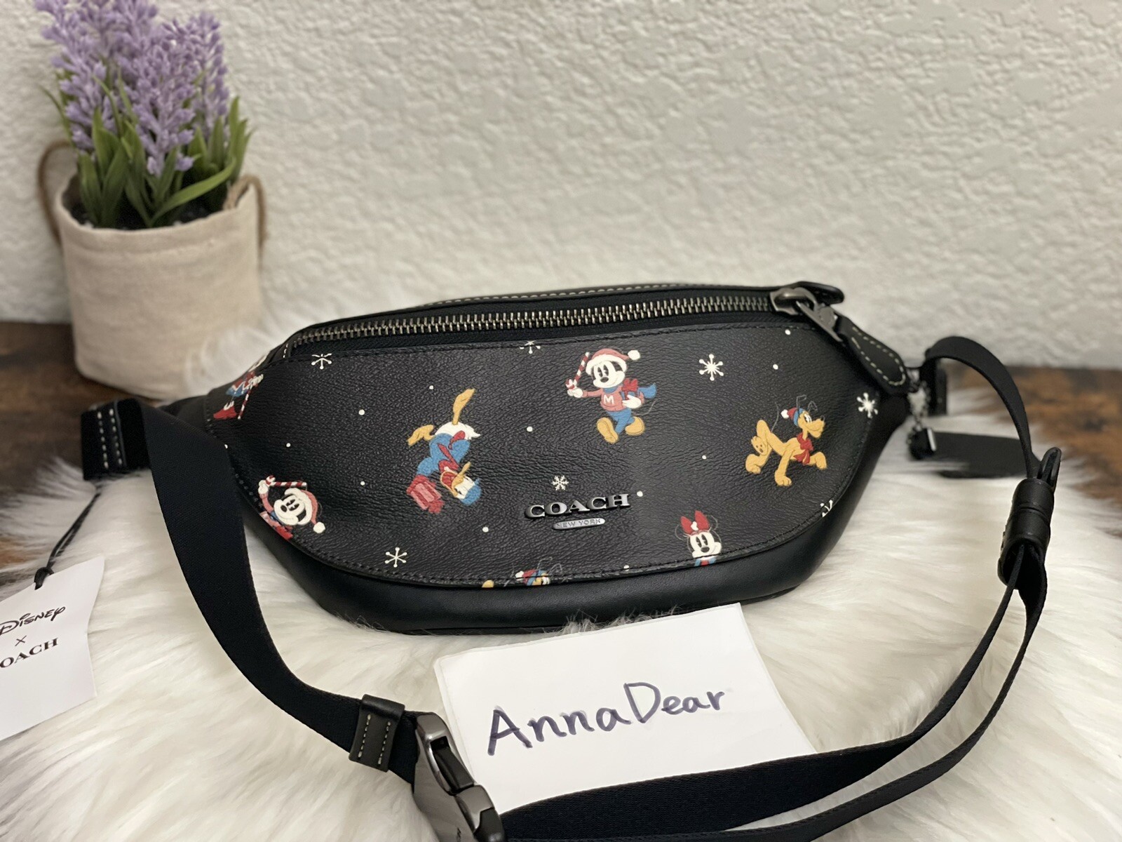 NWT Disney X Coach Warren Mini Belt Chest Sling Bag With Holiday Print CL964
