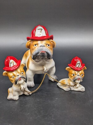 Father & Sons Englisg Bulldog Figurines Fire Fighter 7 Red Hat Porcelain Japan