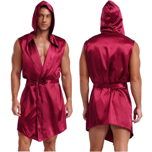 Men's Hooded Bathrobes Silky Satin Open Front Kimono Robe with Belts Loungewears - Picture 9 of 63