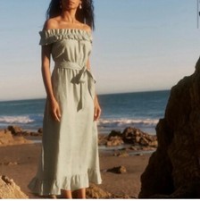 Reformation XS Linen Sycamore Dress Off Shoulder Ruffle Vacation Resort Beach