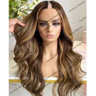 Highlight Blonde Human Hair 1x4 V Part Wig Ombre Light Brown Glueless Adjustable