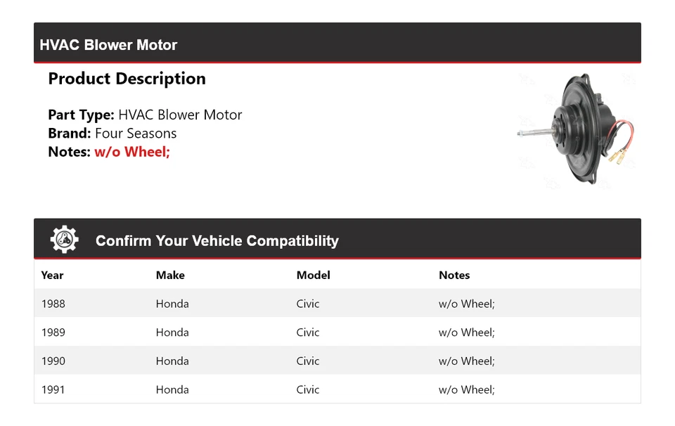 Para 1988-1991 Honda Civic Motor de soplador HVAC 4 Seasons 1989 1990 Foto 2 de 4