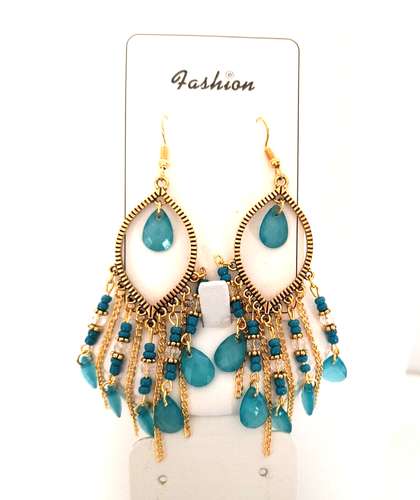 New Fashion Women's Pierced Chandelier Earrings Blue Topaz Color Gold Tone Metal - Picture 8 of 17