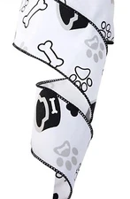 White Black Dog Paw Print Bones Bowl Wired Edge LINEN Ribbon 2.5" Pet Paws by Yd