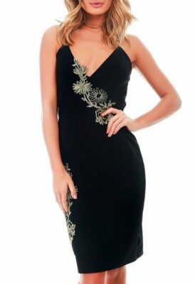 NEW Be Jealous Embroidered Black Strappy Bodycon Midi Dress UK