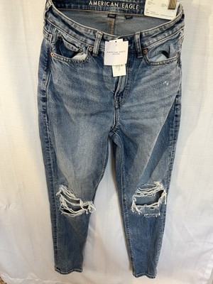 AMERICAN EAGLE Strigid Ripped Mom Jeans Women Size 0 Blown Out Blue regular 25W