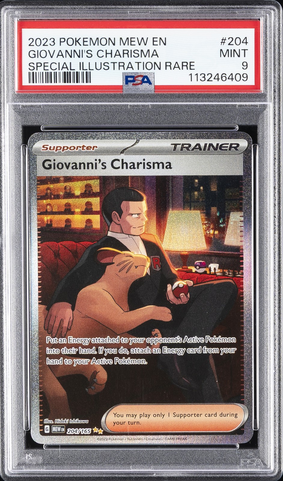2023 POKEMON MEW EN-151 SPECIAL ILLUSTRATION RARE #204 GIOVANNI'S CHARISMA PSA 9