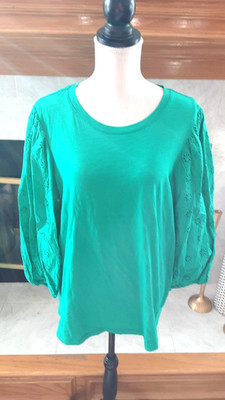 NWT ST JOHN'S BAY XL GREEN PULLOVER TOP EYELET LACE BALLOON SLVS ROUND NECK COTT