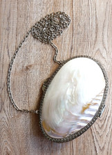 Vtg Mother of Pearl Clutch Bag Shell Pouch Shoulder Chain Hasp White Party 8