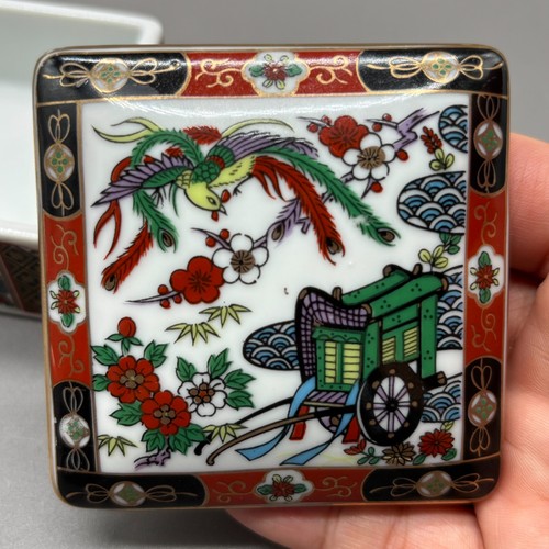Caja de baratijas de porcelana Imari Japón años 70 carro de bueyes Phoenix floral cuadrado con tapa 3" - Imagen 2 de 11