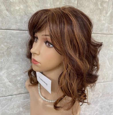 Shoulder Length Fluffy Wavy Highlight Brown Mix  Hair Blend Heat Ok Wigs