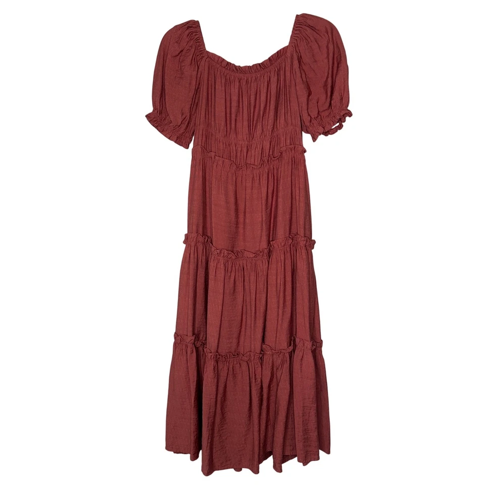 Vestido Midi Escarlata Oscuridad Niveles Manga Abullonada Cuello Cuadrado Boho Festival Pequeño Foto 2 de 4