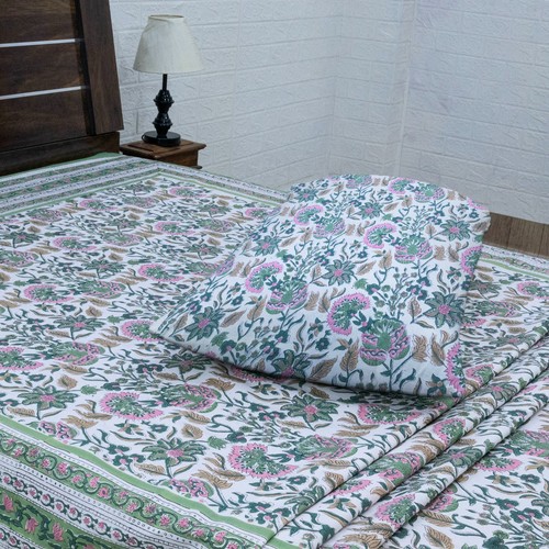 Indian Handmade Cotton Bedsheet Block Printed Floral King, Queen Flat Sheets - Picture 4 of 10