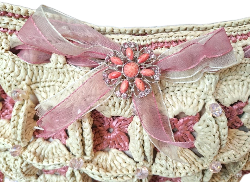 Cartera de rafia de ganchillo hecha a mano de colección forrada con cuentas bolso cinta broche acento Foto 2 de 4