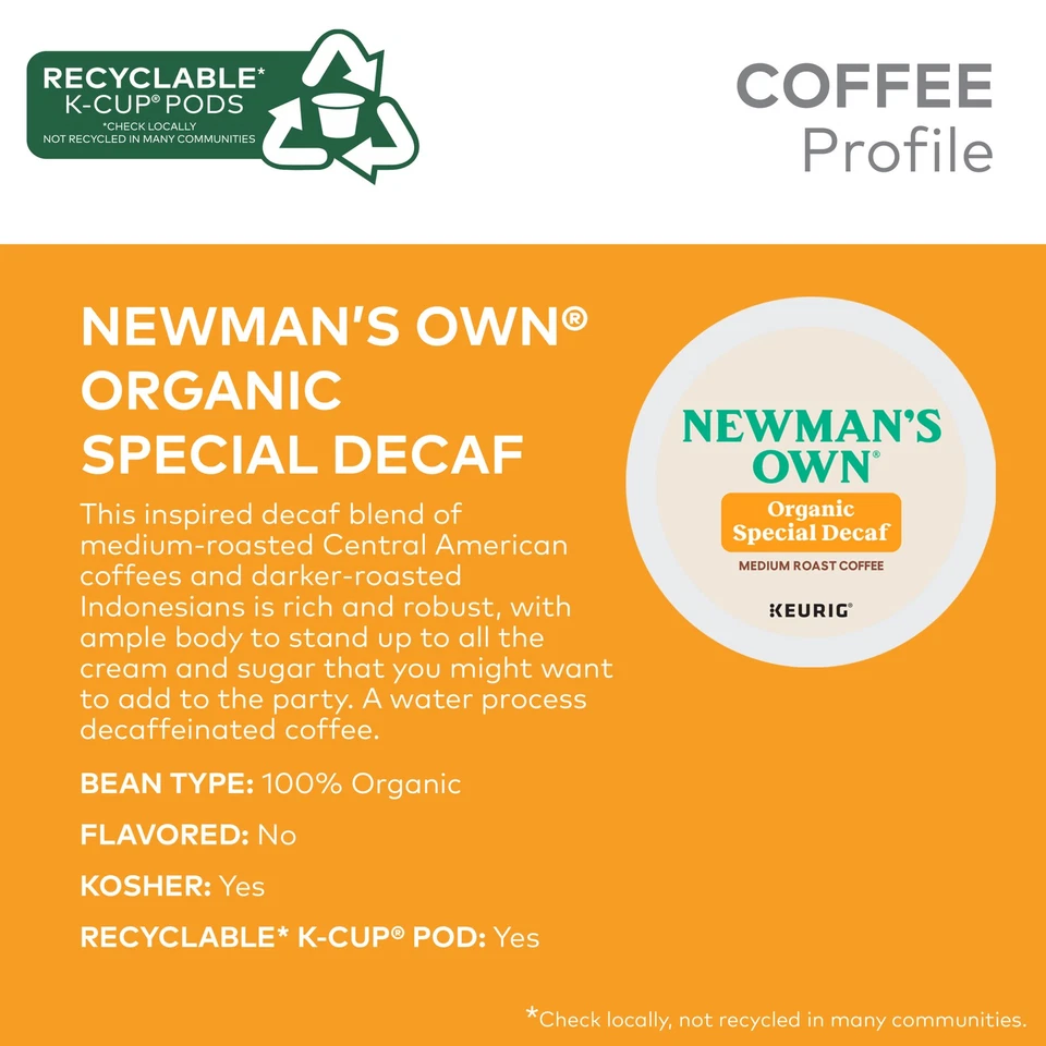 Café descafeinado especial Newman's Own Organics, cápsula Keurig K-Cup, tostado medio, 96 quilates Foto 3 de 4