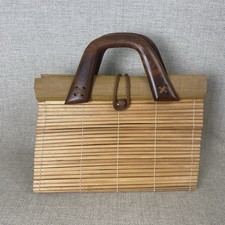 Vintage Bamboo Boho Beach Purse Handbag Wood Slat Double Wood Handle Natural