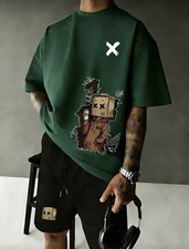 Men's Cartoon Graphic 2-Piece T-Shirt  Shorts Set, Black Green White Beige