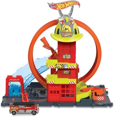 Hot Wheels City Super Looping Feuerwache HKX41 Spielset mit Aufzug & Rampe, 4+ J