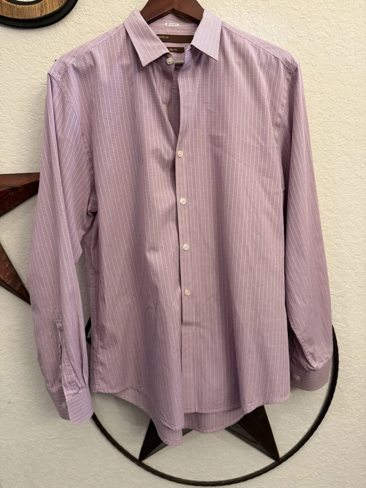 Camisa social masculina manga longa Perry Ellis. Padrão borgonha e creme. Grande/fino - Imagem 4 de 4