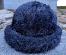 Vtg Kangol Winter Cloche Hat Sz M Navy Fitted Fuzzy Angora Mushroom Brim 90s UK
