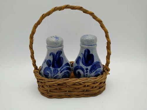 Vintage Salt Glazed Stoneware Pottery Salt and Pepper Shakers in Wicker Basket