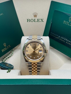 Rolex Datejust 41 Champagne Diamond Dial Two Tone Gold Fluted Bezel Jubilee