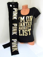 BLING Victoria Secret Pink SEQUIN SHINE SANTA LOGO TEE SHIRT LEGGING PANT SET S
