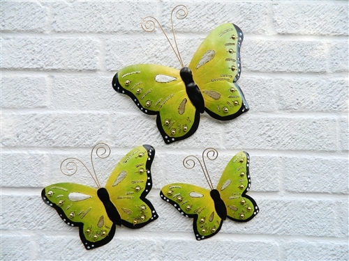 Metal Butterfly Wall Hanging Decoration Wall Art Butterflies Set of 3 - Green