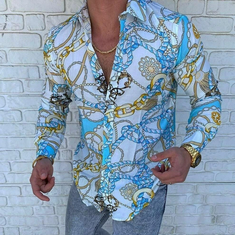 Caprichoso ellos Color rosa Camisa Con Botones Hombres Cadena Oro Azul Estampado Blanco Manga Larga  Hawaiano | eBay