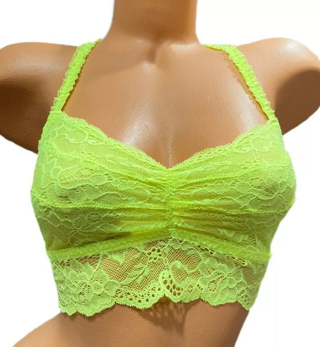 Victorias Secret PINK Lace Racerback Unlined Bralette Bra Small Neon Yellow  New