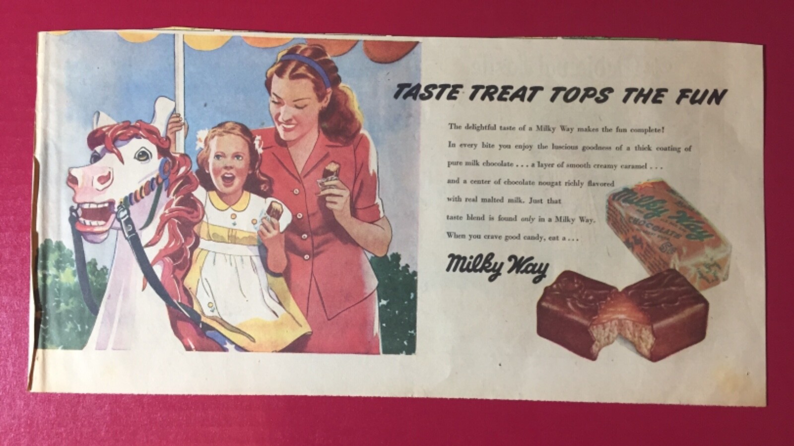 1945 Milky Way Candy Bar Carousel Ride Newspaper Comic Ad 15x7.5” 2020