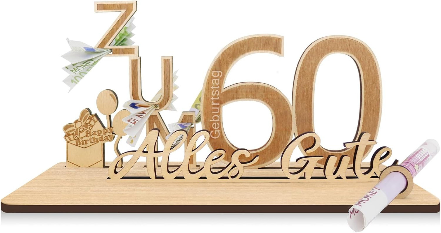 Geldgeschenke 60. Geburtstag Holz Deko personalisiert Freunde Familie 25x13x12cm
