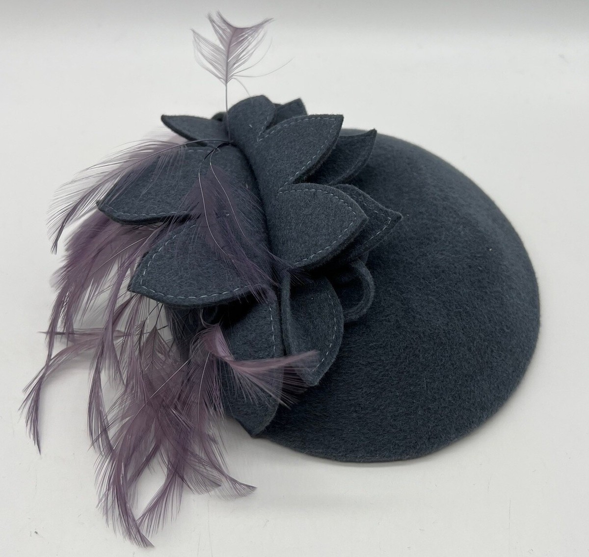 Suzanne Couture Millinery Handmade Hat with Feather. Steel blue. Suzanne Couture Millinery, by Alexandra Bell  main image 4